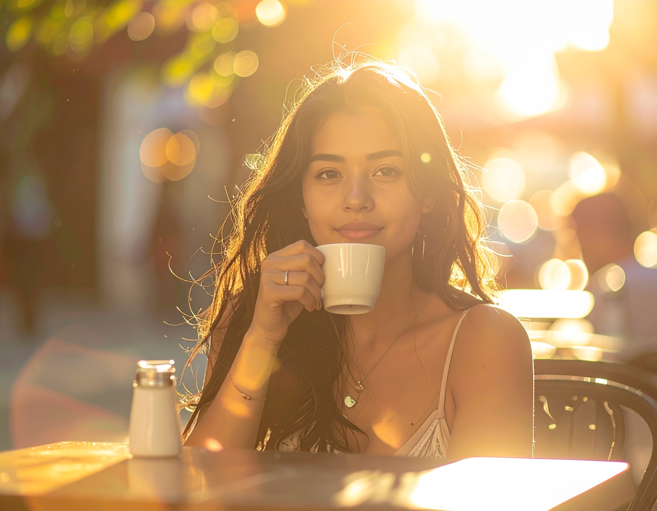 Mulher jovem bebe café em um café ao ar livre durante o entardecer, com luz dourada banhando a cena. A iluminação suave e o fundo desfocado criam uma atmosfera acolhedora e tranquila. A composição enfatiza a serenidade do momento, com foco claro na expressão relaxada da mulher. A cena é capturada em um ângulo frontal, destacando detalhes do rosto e do ambiente.